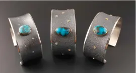  ??  ?? Chris Pruitt, bracelets sterling silver, 18k gold, white diamonds, natural Lone Mountain turquoise, natural Bisbee turquoise