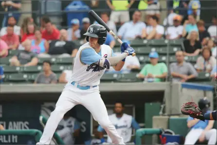  ?? Myrtle Beach Pelicans ?? LARRY KAVE/
Former Okanagan A’s star Jared Young waits for a pitch while playing for the Myrtle Beach Pelicans. Young says his time playing ball in Kelowna was instrument­al in becoming a prospect of the Chicago Cubs.