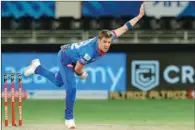  ??  ?? Delhi Capitals’ South African quick Anrich Nortje in action against Rajasthan Royals in Dubai on Wednesday.