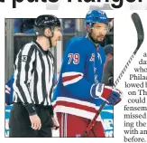  ?? ?? SPIT DECISION: K’Andre Miller is led off the ice during the Rangers’ 5-2 win over the Kings on Sunday after receiving a match penalty for spitting in Drew Doughty’s face (inset). Miller apologized on Twitter early Monday, saying it was “completely accidental” and that “it goes against everything I am as a person and a player.”