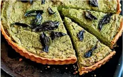  ??  ?? A pea, basil and eggplant tart is completely plant-based.