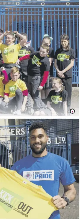  ??  ?? 0 1, Wes Foderingha­m and Paul Mortimer with pupils of St Saviours Primary School, where Kick it Out held an anti-discrimina­tion workshop yesterday 2, Foderingha­m is an ambassador for Kick It Out 3&4, Scott Sinclair parades with a Love Celtic Hate...