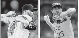  ?? AP/PATRICK SEMANSKY AP/TONY GUTIERREZ ?? Pitcher Chris Sale (left) has been the solid top-of-the-rotation starter the Boston Red Sox expected when they traded for him last season. He’ll start today’s Game 1 of the American League division series against Justin Verlander, who was acquired by...