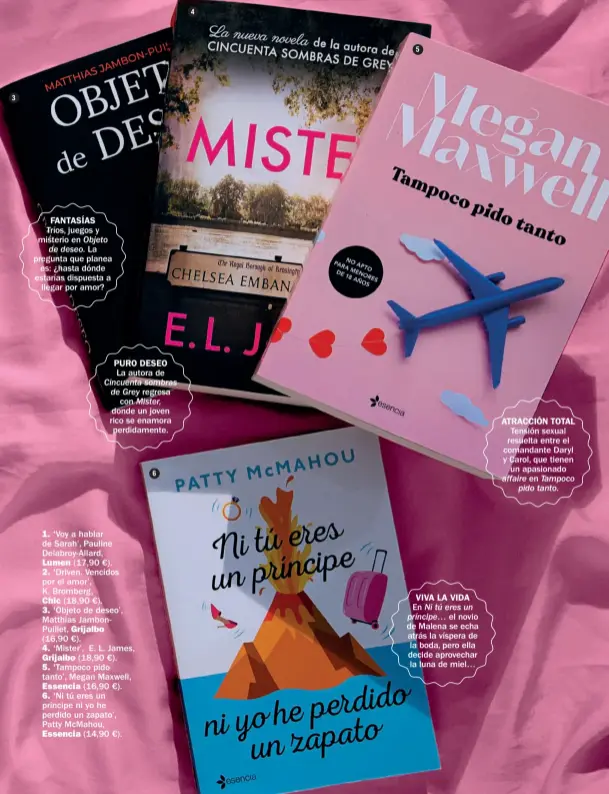  ??  ?? 3
1. ‘ Voy a hablar de Sarah’, Pauline Delabroy-Allard,
Lumen (17,90 €). 2. ‘ Driven. Vencidos por el amor’, K. Bromberg,
Chic (18,90 €). 3. ‘ Objeto de deseo’, Matthias JambonPuil­let, Grijalbo
(16,90 €). 4. ‘ Mister’, E. L. James,
Grijalbo (18,90 €).
5. ‘ Tampoco pido tanto’, Megan Maxwell,
Essencia (16,90 €). 6. ‘ Ni tú eres un príncipe ni yo he perdido un zapato’, Patty McMahou,
Essencia (14,90 €). 6 4 5