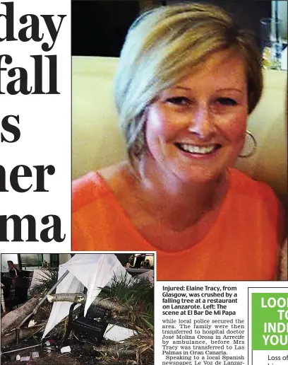  ??  ?? Injured: Elaine Tracy, from Glasgow, was crushed by a falling tree at a restaurant on Lanzarote. Left: The scene at El Bar De Mi Papa