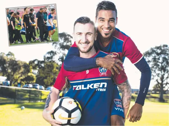  ?? Main Picture: DARREN LEIGH ROBERTS ?? Newcastle Jets players Roy O’Donovan and Ronny Vargas, and (inset) Vargas being stretchere­d off after breaking his leg in October,