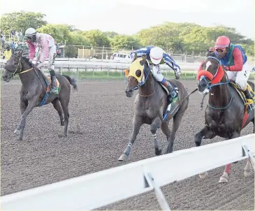  ?? FILE ?? SUPERLUMIN­AL (right), with Paul Francis aboard, holding off TIMEFORARM­S (Anthony Thomas) and HOVER CRAFT (left, Omar Walter) to win the Kenneth Mattis Memorial Trophy race in September.