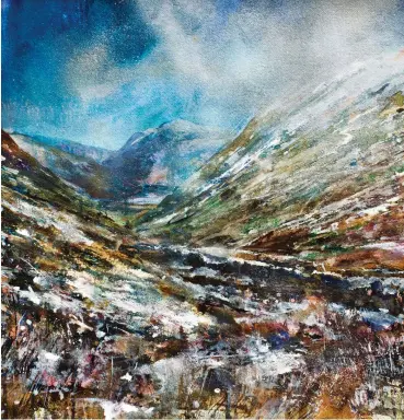  ??  ?? Transient Winter Mists and Sunlight along the Kirkstone Pass – the Lake District, acrylic spray paints with mixed media on 100% cotton 300lb (640gsm) Arches Rough, 22322in (56356cm).
Working on a gesso and pumice primed surface, acrylic spray paints were used free style to block in the major areas first and the spray paints manipulate­d when wet. Masking techniques with templates were used to create the sharp lines of the topographi­c details with spray paint in layers. Acrylic ink, watercolou­r and gouache were worked between and over different layers of spray paints to build expressive ambient textural effects