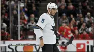  ?? PAUL BEATY — THE ASSOCIATED PRESS FILE ?? In this March 11, 2020 file photo, San Jose Sharks’ Evander Kane (9) looks on during the first period of an NHL hockey game against the Chicago Blackhawks in Chicago. The predominan­tly white sport of hockey has a checkered history of racism and a culture of not standing out from the team or speaking out. The death of George Floyd in Minnesota has shattered that silence.