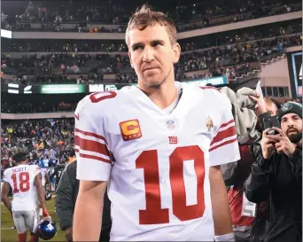  ?? MIKEY REEVES – FOR MEDIANEWS GROUP ?? Eli Manning adopts his usual post-Eagles-pose Monday night after falling to 10-21in his career against the Birds, who in spite of themselves won 23-17in overtime.