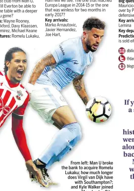  ??  ?? From left: Man U broke the bank to acquire Romelu Lukaku; how much longer does Virgil van Dijk have with Southampto­n?; and Kyle Walker joined Manchester City.