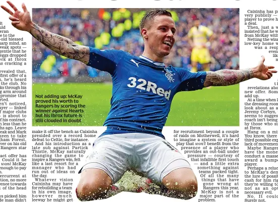  ??  ?? Not adding up: McKay proved his worth to Rangers by scoring the winner against Hearts but his Ibrox future is still clouded in doubt won’t