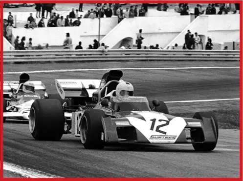  ??  ?? This could equally belong in our Howden Ganley feature. The 1972 Spanish Grand Prix, Tim Schenken in Surtees TS9B 006 holds off future business partner Ganley in the BRM