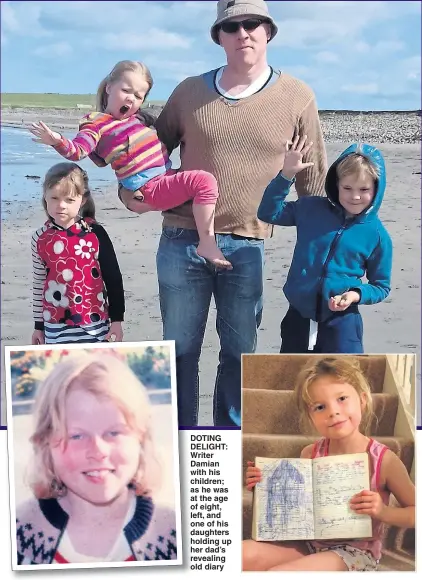  ??  ?? DOTING DELIGHT: Writer Damian with his children; as he was at the age of eight, left, and one of his daughters holding up her dad’s revealing old diary