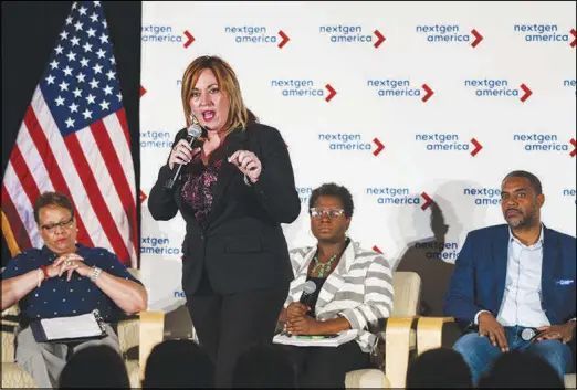  ?? MIRANDA ALAM / SPECIAL TO THE SUN ?? Congressio­nal District 4 Democratic candidate Amy Vilela speaks May 22 during the “Keeping Up with the Candidates” panel hosted by NextGen America at Three Square in Las Vegas.