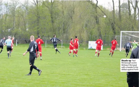  ??  ?? Heads up Paul Mcgeough scores Wishaw’s first goal with a header in the defeat against Forth