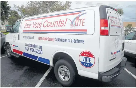  ?? AMY BETH BENNETT/SOUTH FLORIDA SUN SENTINEL ?? A mobile van unit that will be used during Early Voting for vote-by-mail ballot drop offs is shown on Friday in the parking lot of the Palm Beach County Supervisor of Elections Voting Equipment Center in Riviera Beach.