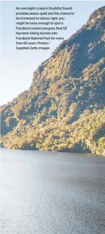  ?? ?? An overnight cruise in Doubtful Sound provides peace, quiet and the chance to be immersed in nature; right, you might be lucky enough to spot a Fiordland crested penguin; Real NZ has been taking tourists into
Fiordland National Park for more than 60 years. Photos /
Supplied; Getty Images