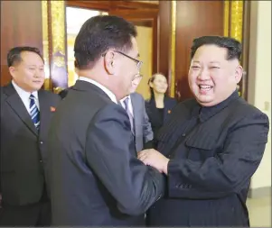  ?? AP PHOTO ?? In this Monday photo, provided by the North Korean government on March 6, North Korean leader Kim Jong Un, front right, meets South Korean National Security Director Chung Eui-yong, front left, in Pyongyang, North Korea.