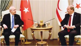  ??  ?? Republican People’s Party (CHP) leader Kemal Kılıçdaroğ­lu (left) with TRNC President Ersin Tatar