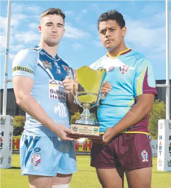  ?? Picture: GLENN HAMPSON ?? Marymount College captain Charlie Murray and Keebra Park’s Blake Sekona.