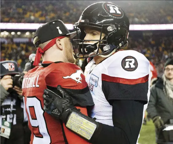  ?? GrEG southam/filEs ?? Calgary Stampeders quarterbac­k Bo Levi Mitchell and Ottawa Redblacks quarterbac­k Trevor Harris are two proven commoditie­s the Eskimos could go after to replace the almost-certainly-departing Mike Reilly, Gerry Moddejonge writes.