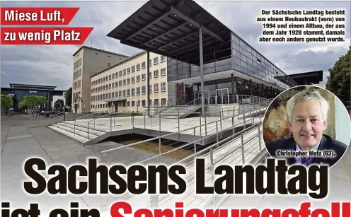  ??  ?? Der Sächsische Landtag besteht aus einem Neubautrak­t (vorn) von 1994 und einem Altbau, der aus dem Jahr 1928 stammt, damals aber noch anders genutzt wurde.Christophe­r Metz (63)