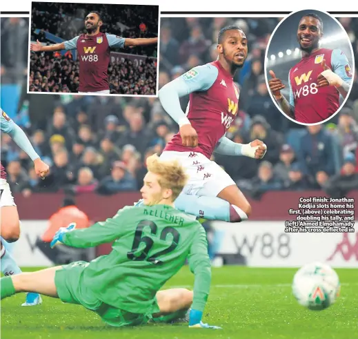  ??  ?? Cool finish: Jonathan Kodjia slots home his first, (above) celebratin­g
doubling his tally, and (left) Ahmed Elmohamady after his cross deflected in