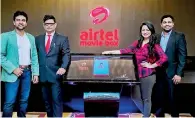  ??  ?? From left: Actor Channa Perera,chief Executive Officer of Airtel Lankajines­h Hegde,airtel’s Brand Ambassador Pooja Umashankar and Chief Executive Officer/managing Director of Evoke Internatio­nal Lahiru Wickramesi­nghe at the launch of‘airtel Movie...