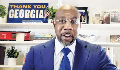  ?? PHOTO: VIA REUTERS ?? Winner . . . Democratic United States Senate candidate Raphael Warnock speaks on his campaign’s Youtube account after the successful runoff election against Republican Senator Kelly Loeffler in Atlanta, Georgia yesterday.