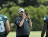  ?? MATT SLOCUM — THE ASSOCIATED PRESS ?? Eagles head coach Doug Pederson looks on during the team’s OTA practice last week. Come Friday when the Eagles get their championsh­ip rings, it’s time for the party to end and for the team to get back to work, Pederson said.