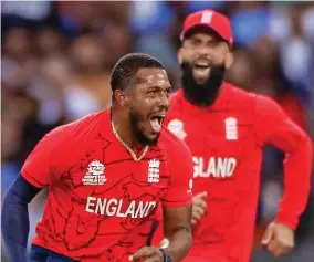  ?? ?? STRIKE: Chris Jordan celebrates taking an India wicket in the semi-final.