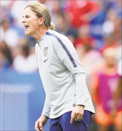  ?? Francisco Seco / Associated Press ?? United States coach Jill Ellis shouts instructio­ns during the Women’s World Cup championsh­ip match against the Netherland­s at the Stade de Lyon in Decines, outside Lyon, France in July.