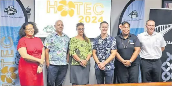  ?? Picture: SUPPLIED ?? Partners representa­tives in HOTEC Trade Show 2024, from left; Fiji Times Pte Ltd manager sales and marketing Annie Robinson, Communicat­ions Fiji Ltd general manager Charles Taylor, FHTA chief executive officer Fantasha Lockington, Trade Commission­er Pacific, New Zealand Trade & Enterprise David Dewar, APTC Fiji country office training coordinato­r Alisi Delai, APTC country director for Fiji and Tuvalu Gareth McGrath, .