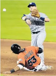  ?? GASTON DE CARDENAS/AP ?? Miami Marlins’ Xavier Scruggs (53) is out at second on an eighth inning double play by the Padres shortstop Luis Sardinas.