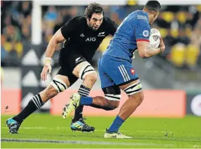  ?? Picture: GETTY IMAGES ?? ZONED IN: Sam Whitelock of the All Blacks chases down Mathieu Babillot of France during their Test at Westpac Stadium this month