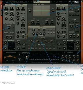  ?? ?? OSCILLATOR­S
These sound sources feature phase distortion, FM and fractal resonance
LFO 1
You get one LFO (two on the full version) but that’s enough for loads of modulation action
QUANTIZER
Allows you to quantise, resample, invert, rectify and smooth signals
LATEST VERSION!
It might only be at v1.01 but this is the first Bazille CM update in six years and there are lots of additions
ENVELOPES
Envelope 1 & 2 are to the left and right, allowing for extra shaping and modulation
FILTER
Has six simultaneo­us modes and an overdrive
VOICE
Four modes: poly, mono, legato and duo (Osc 1 plays the lowest note; Osc 2 the highest)
MULTIPLEX
Signal mixer with modulatabl­e level control
OSCILLOSCO­PE
Gives a more visual version of the output signal (and not usually a flat line!)
PITCH & GLIDE
Adjust global tuning and vibrato in the Pitch area and enable portamento in the Glide
FX: DELAY
A great tape-style delay which is applied to the synth’s overall output
SEQUENCER
Crazy sequencer with many slidercont­rolled options to step through