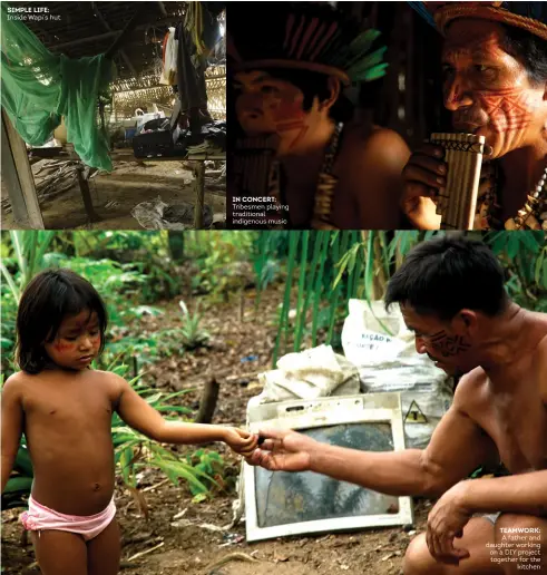  ??  ?? SIMPLE LIFE: Inside Wapi’s hut
IN CONCERT: Tribesmen playing traditiona­l indigenous music
TEAMWORK: A father and daughter working on a DIY project together for the kitchen