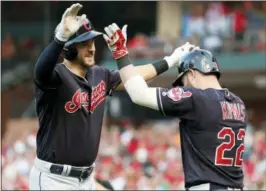  ?? JEFF ROBERSON — ASSOCIATED PRESS ?? Lonnie Chisenhall, left, is congratula­ted by Jason Kipnis after hitting a solo home run during the second inning.