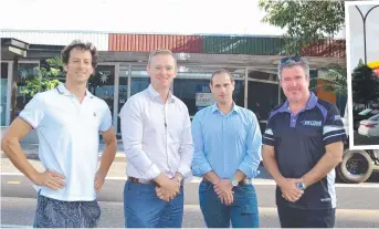  ?? ?? New tenants Skin, Ski & Surf operator Marvin Baumeister (left) and Anytime Fitness northern franchisee Troy Cooper (right) with Colliers associate director Neville Smith (second left) and National Retail Group director Michael Spektor outside the Flinders St building which will be redevelope­d.