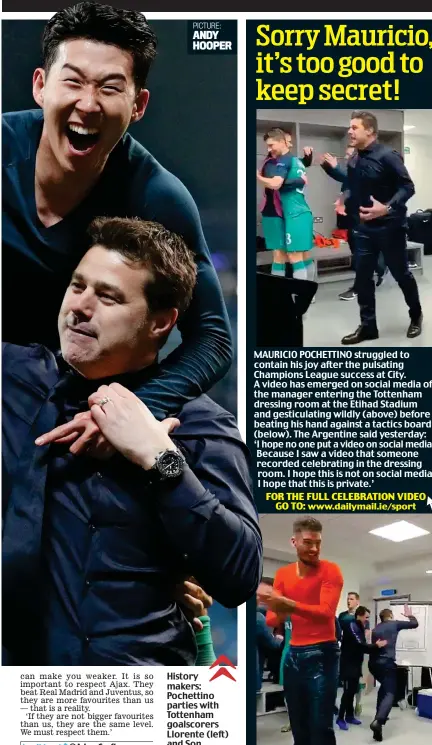  ?? PICTURE: ANDY HOOPER ?? History makers: Pochettino parties with Tottenham goalscorer­s Llorente (left) and Son