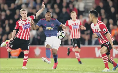  ??  ?? Anthony Martial goes close to a breakthrou­gh goal for Manchester United in last night’s 0-0 draw at Southampto­n.