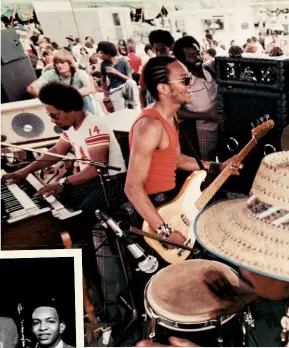  ??  ?? Struttin’ their stuff: the band at the New Orleans Jazz & Heritage Festival, 1974; (left, from left), Nocentelli, Art Neville, Modeliste and Porter, 1969; (insets below left) early albums; (opposite, from top) The Neville Brothers in 1981 (from left) Charles, Aaron, Art and Cyril; later Meters long-players.