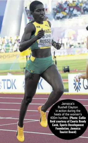  ?? (Photo: Collin Reid courtesy of Courts Ready Cash, Sports Developmen­t Foundation, Jamaica Tourist Board) ?? Jamaica’s
Rushell Clayton in action during the heats of the women’s 400m hurdles.