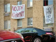  ?? Getty Images/tns ?? Banners against renters eviction reading no job, no rent is displayed on a controlled rent building in Washington, DC on Aug. 9.