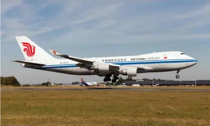  ?? Photograph: Sopa/LightRocke­t/Getty ?? A Boeing 747-400 cargo plane. Engine parts dropped shortly after takeoff from Maastricht airport.