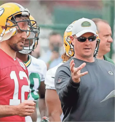  ?? ADAM WESLEY / USA TODAY ?? Packers offensive coordinato­r Nathaniel Hackett (right) works with quarterbac­k Aaron Rodgers during a practice.