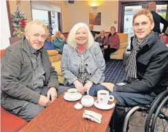  ??  ?? Crew visit Comrie Developmen­t Trust board members Blair Urquhart and Helen Buchan with presenter Steve Brown. The BBC’s One Show visited Comrie last Wednesday to film in relation to the Steinmeyer Legacy