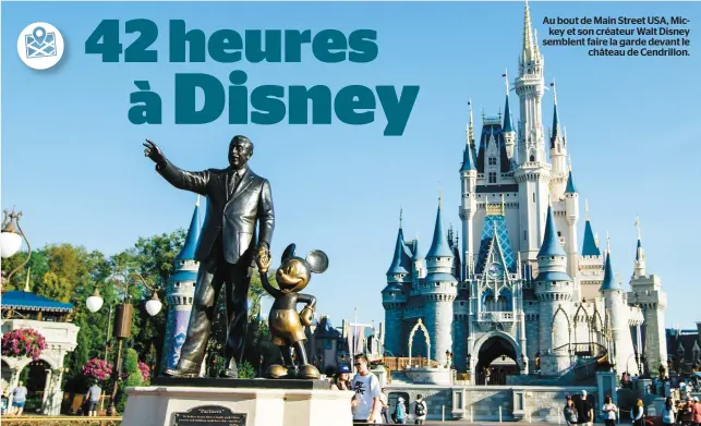  ??  ?? Au bout de Main Street USA, Mickey et son créateur Walt Disney semblent faire la garde devant le château de Cendrillon.