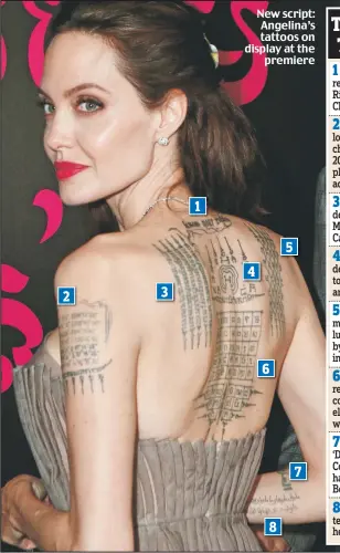  ??  ?? New script: Angelina’s tattoos on display at the premiere 1 5 4 3 2 6 8
7